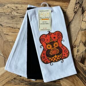 Johanna Parker Halloween Kitchen Towels Set of 3 Vintage Owl Pumpkin Folk Art